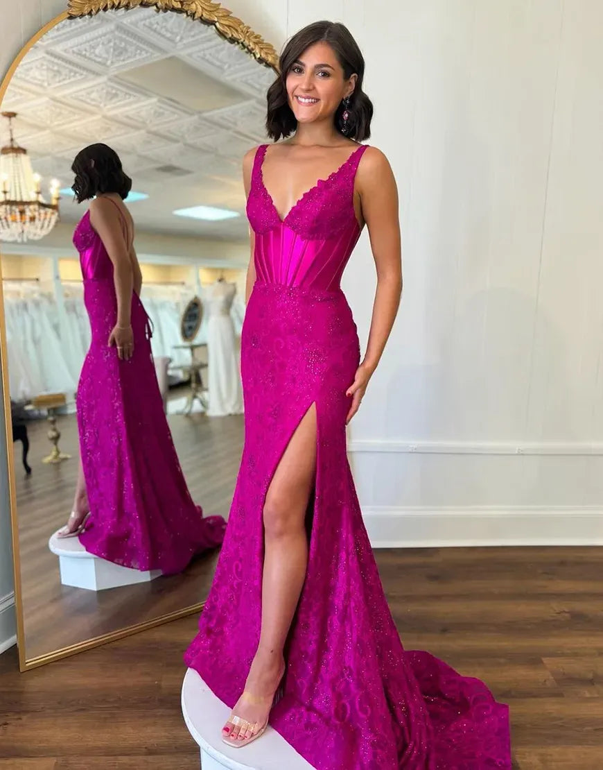 Wholesale Glitter Fuchsia Mermaid V-Neck Long Corset Prom Dress With Split prom dresses with long sleeves